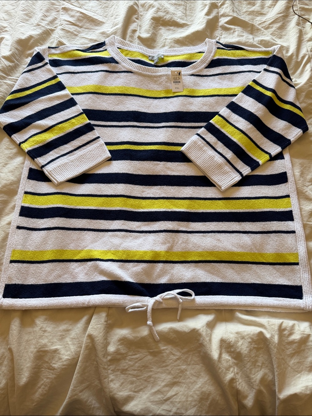 Talbots White, Navy and Neon Yellow Striped Sweater. Size XL Petite New
